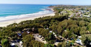 aerial view of park with beach and ocean
