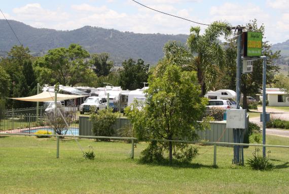 shot from the street showing the Kootingal park with pool and caravans and motorhomes in the park