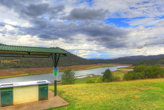BBQ area well above the water of the dam and surrounding hills