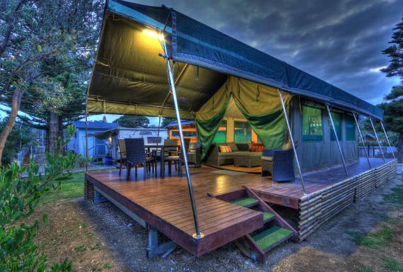 safari tent under dark sky