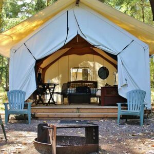 outside looking in to a glamping tent