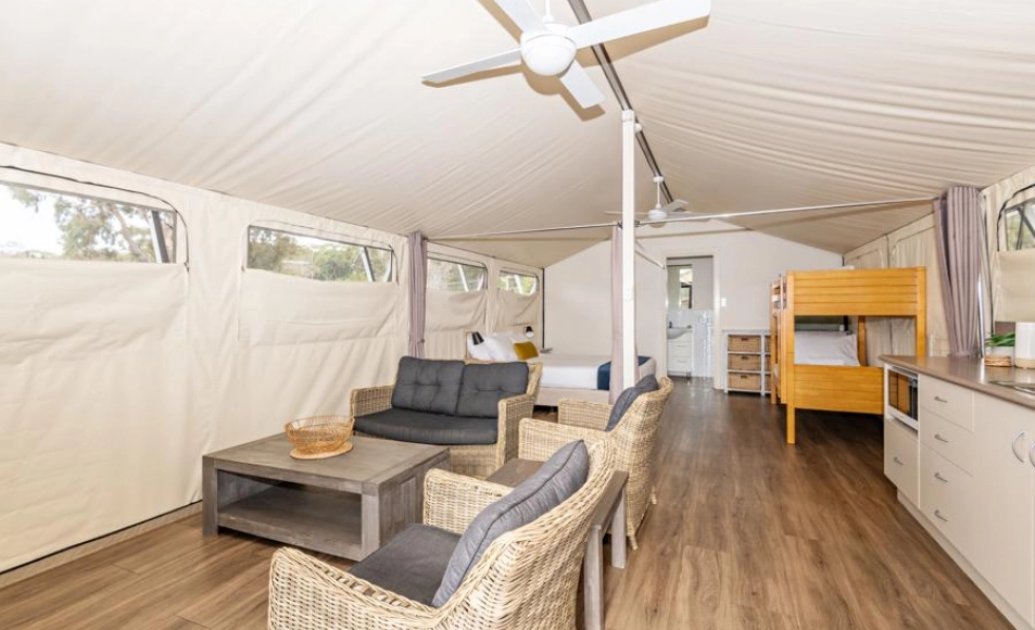 living area inside glamping tent