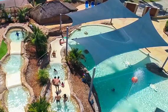 Aerial view of the water park at NRMA Blue Dolphin Yamba