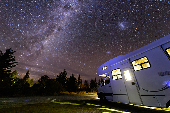 Caravan set up under a starry sky in New South Wales